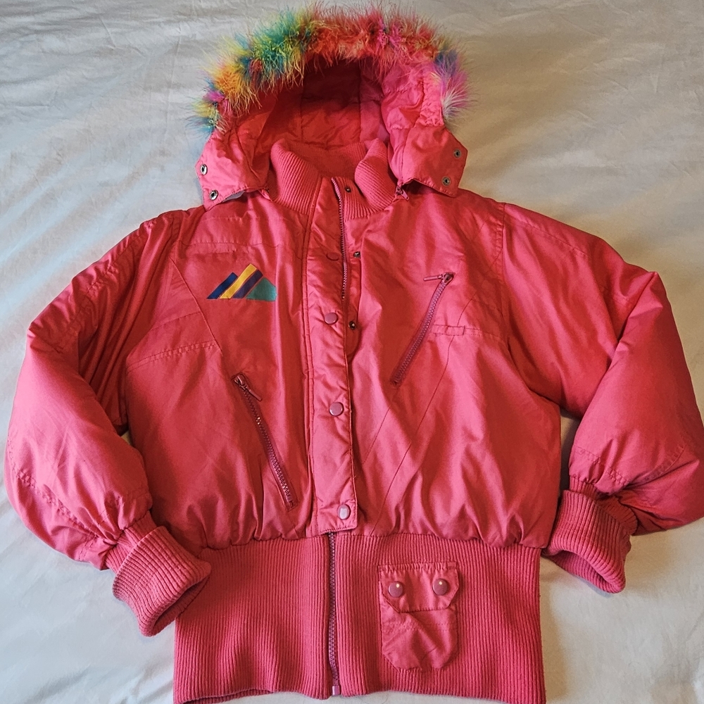 Vintage 90s Ski Jacket with custom painted design and feather hood trim